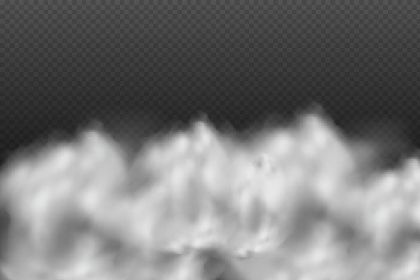 Bewölkter Himmel oder Smog über der Stadt. Weißer Vektorwolken, Nebel oder Rauch auf dunkel kariertem Hintergrund. Vektorillustration. - Vektor, Bild