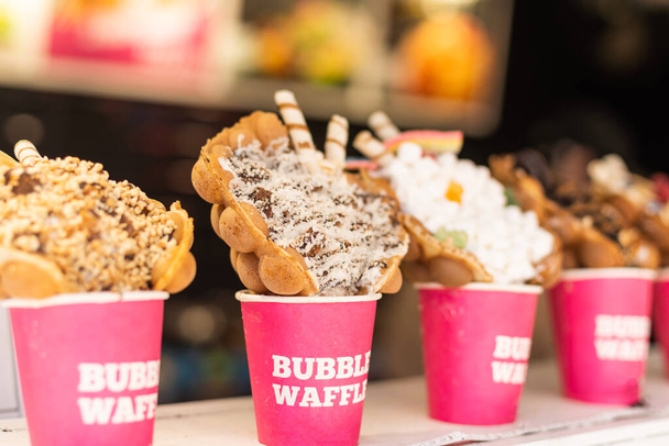 Different types of bubble waffle ice cream to go - Fotoğraf, Görsel