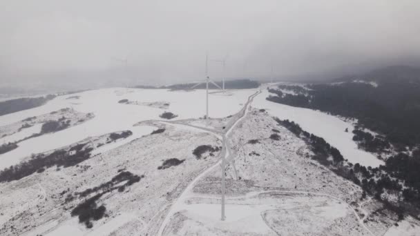 Vista aérea del parque eólico en invierno, turbinas giratorias en un campo cubierto de nieve en Ucrania - Metraje, vídeo
