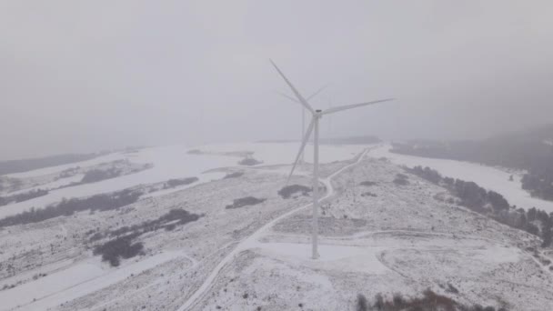 Vista aérea del parque eólico en invierno, turbinas giratorias en un campo cubierto de nieve en Ucrania - Metraje, vídeo