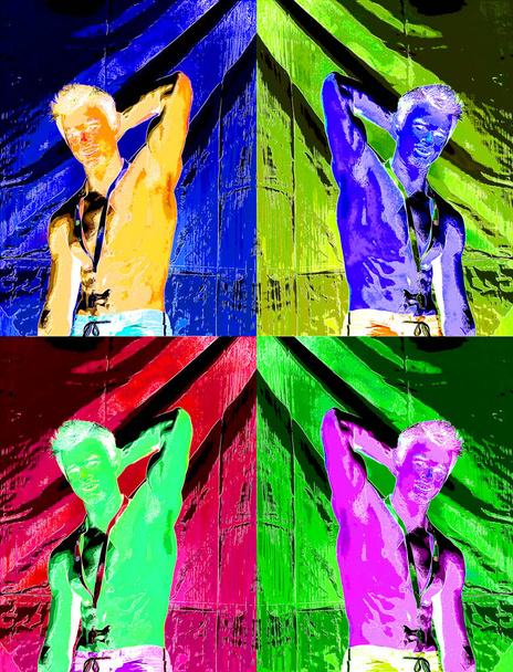 MONTREAL QUEBEC CANADA 08 16 2012: Young gay man. Pop art retro sign illustration background icon with color spots - Foto, Bild
