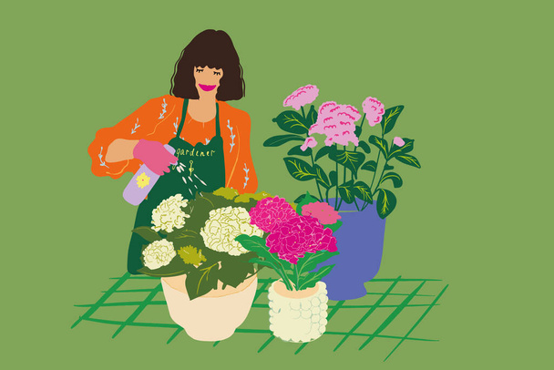 Vector illustration of florist or housewife in apron takes care of flowers on background - Vector, Imagen