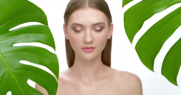 Sağlıklı ve temiz ciltli ve yeşil yapraklı güzel bir kadının portresi. Beyaz arka planda doğal makyajlı kızlar. Kozmetik bilimi kavramı. Odaktan odaklamaya hareket. - Video, Çekim