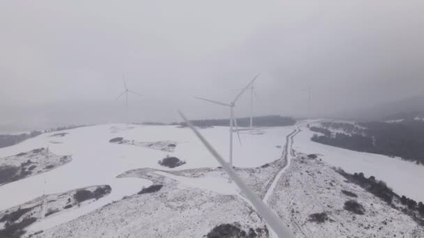 Aerial View of Wind Farm in Winter, Rotating Turbines on a Snowy Field in Ukraine - Footage, Video