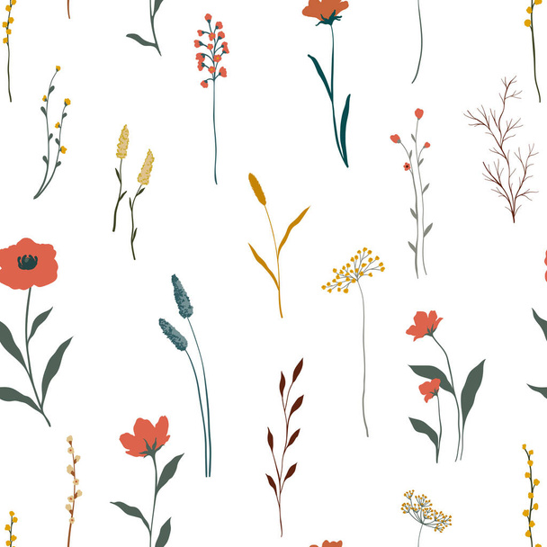 Saumaton tausta abstraktia taidetta kesän niitty kasveja, luonnonvaraisia kukkia, lehdet haara ja käsin Piirretty doodle Scribble kukka kasveja. Suunnittelu seinien koristeluun, postikortti, juliste, esite - Vektori, kuva