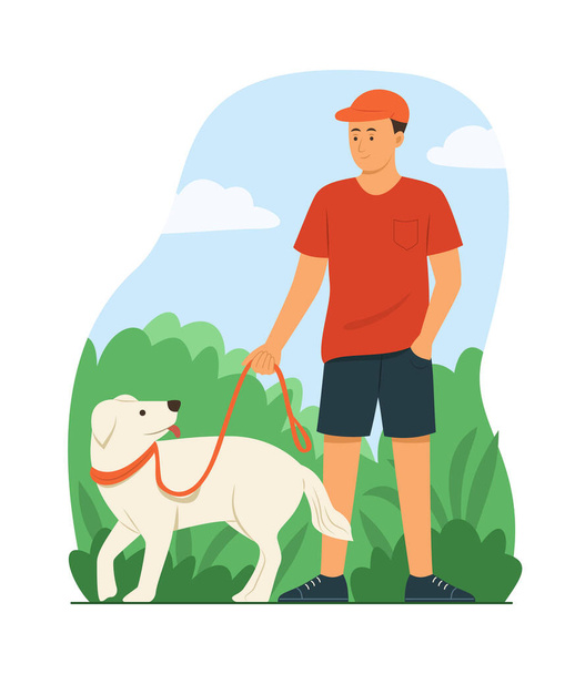 Man and Dog Strolling in Public Park. - Vektor, obrázek