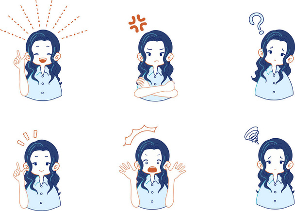 Set of illustrations of various expressions of a girl in a suit. - Vector, imagen
