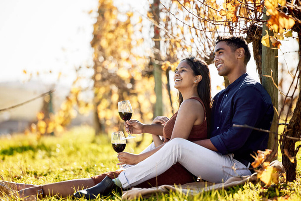Dates with you is a picnic. a young couple having wine on a date on a wine farm - 写真・画像