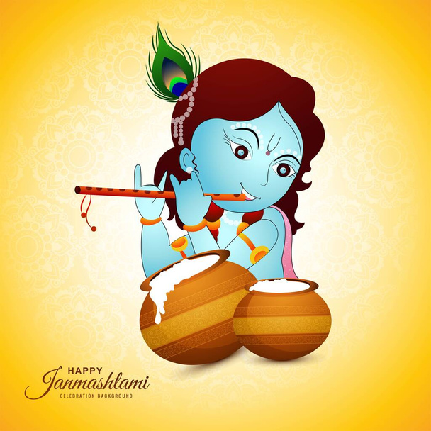 illustration of lord krishna playing bansuri or dahi handi happy janmashtami card background - Vector, Image