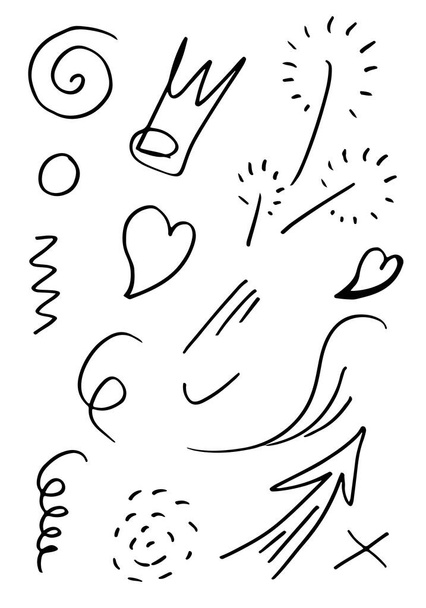 hand drawn set element,black on white background.arrow,heart,light,king,emphasis,swirl,for concept design. - Διάνυσμα, εικόνα