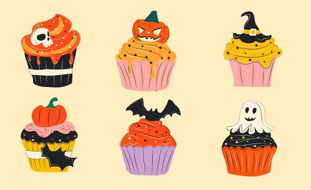 Cute halloween cupcakes cartoon characters, stickers collection in hand drawn style. Vector - Vettoriali, immagini