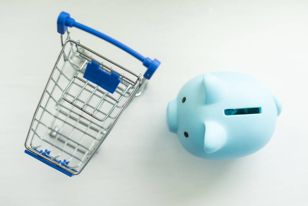 Hucha con carrito de compras. concepto de ahorro de dinero - Foto, Imagen