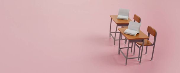School desk with books on pink background. - Фото, изображение