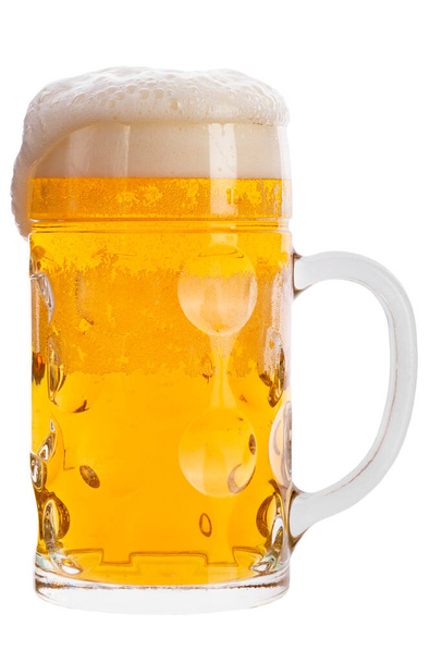 Mug with beer and thick white foam, isolated on white background, full depth of field. File contains clipping path. Design element. - Фото, изображение
