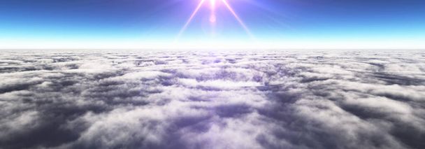 Boven wolken zonnestraal, 3D weergave illustratie - Foto, afbeelding