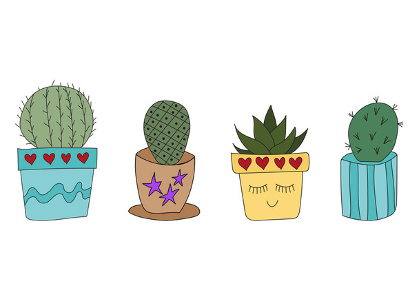 Set Cute doodle cacti in pots. Vector illustration with cute indoor plants. set of plants in various pots - ベクター画像