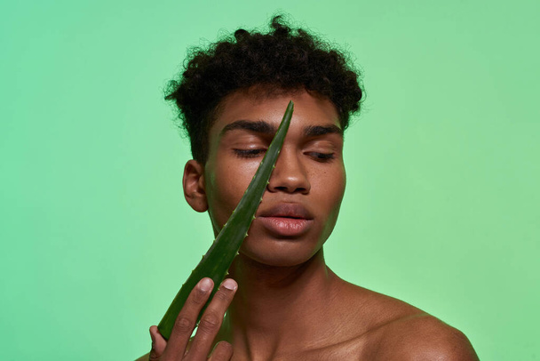 Cropped of black handsome guy holding aloe vera green leaf on his face. Young serious brunette curly man. Male beauty concept. Isolated on green background. Studio shoot. Copy space - 写真・画像