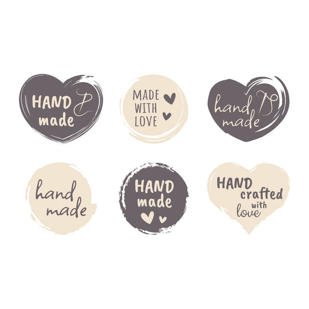 Hand made grunge circle and heart label set. Handmade and crafted with love and thank you lettering stamp set, dry brush vector. - Вектор,изображение