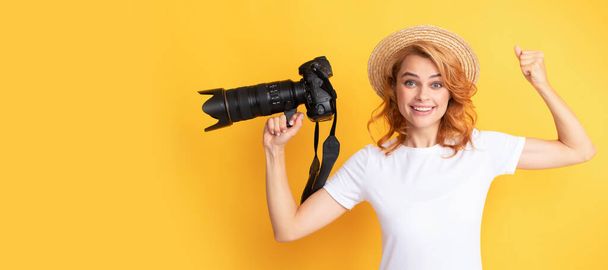 Woman isolated face portrait, banner with mock up copy space. glad woman in straw hat photographing. girl hold photo camera - Photo, image