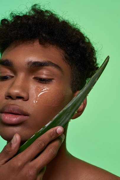 Partial of black guy holding aloe vera green leaf on his face with lotion on this plant. Obscure face of young brunette curly man. Facial skin care. Isolated on green background. Studio shoot - Photo, Image