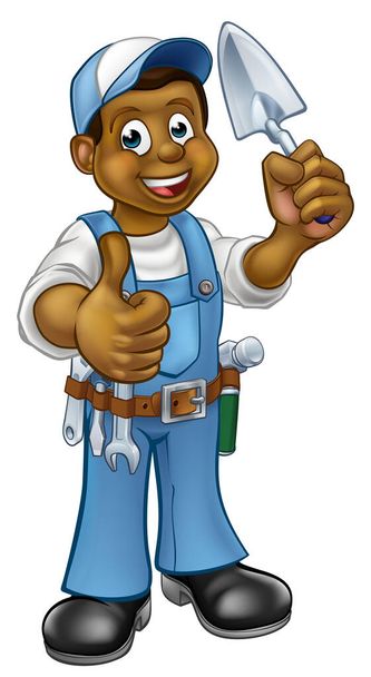 A cartoon black builder or bricklayer construction worker holding a masons brick laying trowel hand tool and giving a thumbs up - ベクター画像