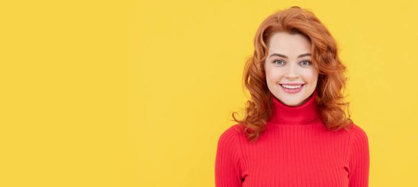 Portrait of beautiful cheerful redhead girl curly hair smiling laughing looking at camera. Woman portrait, isolated header banner with copy space - 写真・画像