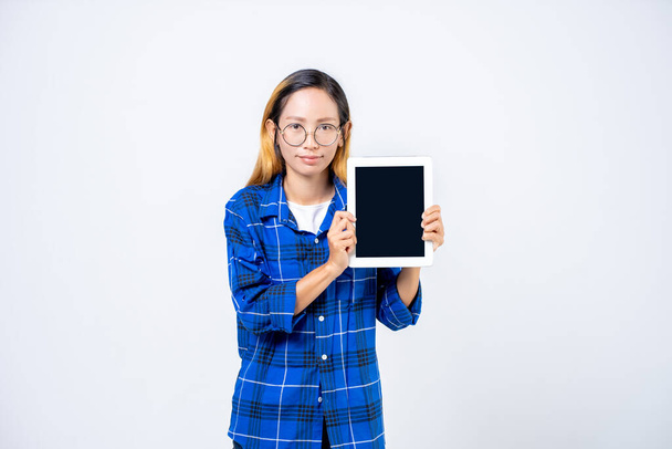 Woman holding tablet isolate on white background. - Fotó, kép