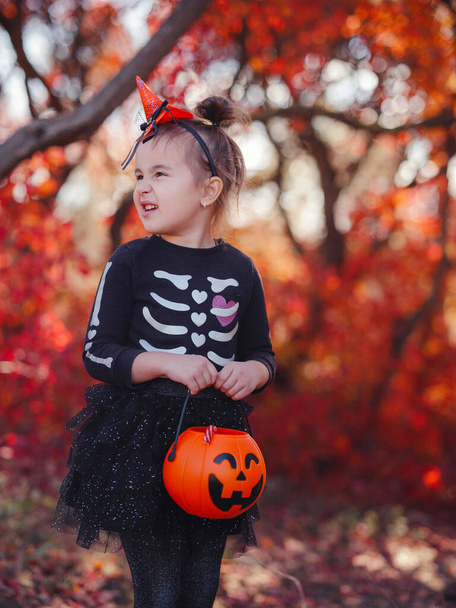 Young girl in black costume goes trick or treating. Little witch, Kids with jack-o-lantern. Children with candy bucket in fall forest. Happy Halloween. - Фото, изображение