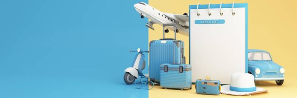 Travel and adventure and departure concept In summer, surrounded by luggage, camera, sunglasses, hat with scooter car and airplane and world map. pastel tones on web banner form. cartoon -3d render - Photo, image