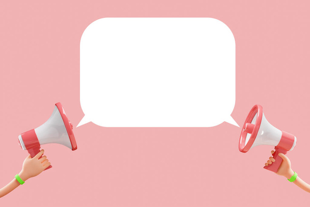 Cartoon flexible hand holding megaphone on pink background with copy space. 3d illustration - Φωτογραφία, εικόνα
