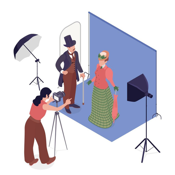 Cosplay fotosessie isometrische vector illustratie met man en vrouw in vintage jurk poseren voor fotograaf in studio - Vector, afbeelding