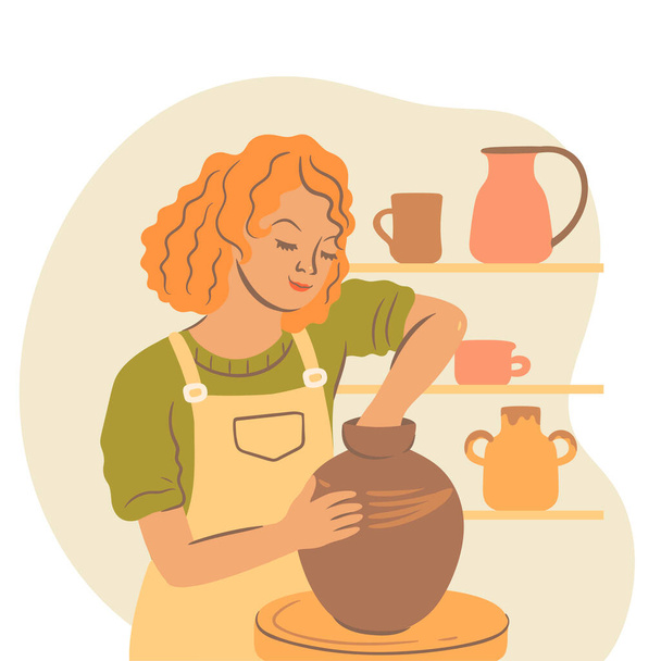 Een vrouwelijke keramist werkt op een pottenbakkerswiel. Vectorafbeelding. - Vector, afbeelding