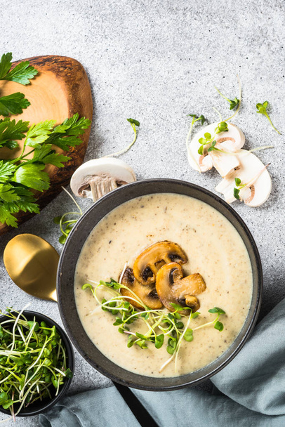 Mushroom Soup on light stone table. Top view with copy space. - Photo, Image