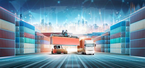 Smart Logistics and Warehouse Technology concept, Real time data location tracking freight shipment delivery, Container truck at port, Global business logistics import export transportation background - Photo, Image
