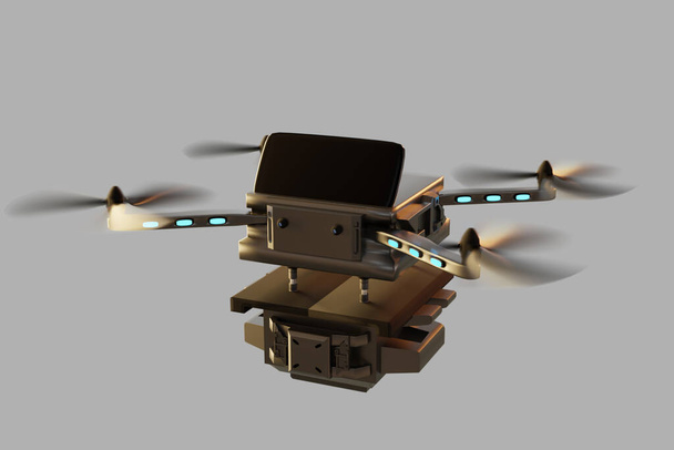 Drone technologii inżynierii przemysłu urządzeń latających w przemysłowej logistyki eksportu importu produktu dom dostawy logistyki transportu morskiego, aby przejść do nowego roku 2022 3D renderowania - Zdjęcie, obraz