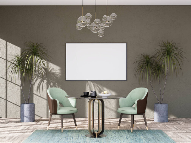 Mock up poster frame in modern interior background, dining room, there are decorations., Scandinavian style, 3D rendering - Foto, Bild