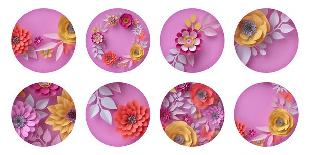3d render, collection of round floral stickers isolated on white background. Pink red yellow paper flowers: rose dahlia daisy - Фото, изображение