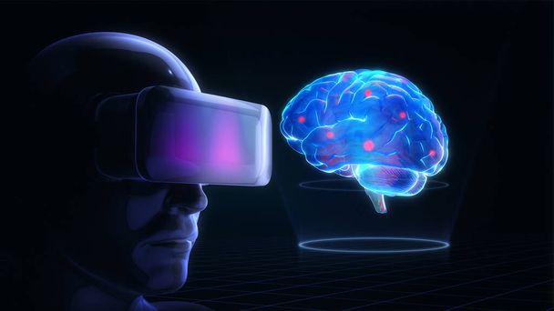 human wearing virtual reality glasses looking at the hologram of the human brain. - Фото, изображение