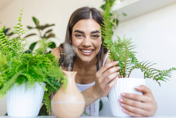 Woman caring for plants next to steam aroma oil diffuser on the table at home, steam from humidifier. Humidification of air in apartment during the period of self-isolation due to coronavirus pandemic - Φωτογραφία, εικόνα