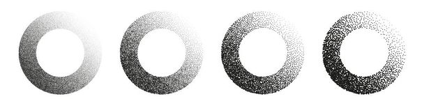 Round shaped dotted objects, stipple elements. Fading gradient. Stippling, dotwork drawing, shading using dots. Pixel disintegration, halftone effect. White noise grainy texture. Vector illustration. - Vector, Image