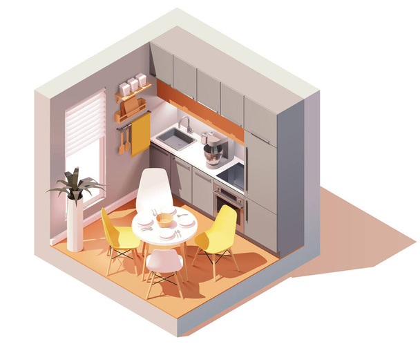 Векторна ізометрична сучасна кухонна кімната. Обідній стіл зі стільцями, сучасні меблі, плита, духовка, холодильник. Низькополі-поперечна ілюстрація
. - Вектор, зображення