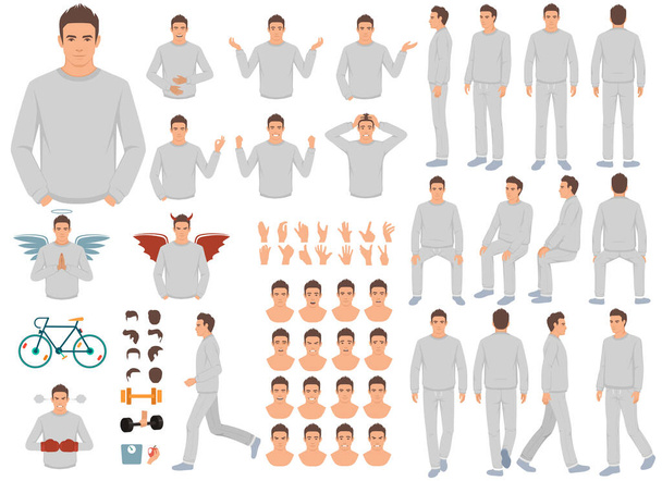Sports guy character constructor. Bodybuilder man creation set. Different postures, hairstyle face legs hands equipment . Vector cartoon illustration. Front, side, back view. - Vector, Imagen
