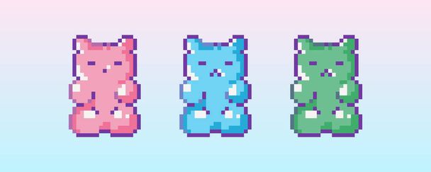 Pixel art marmalade bear icon. 8 bit vector sticker or smile of gummy sweet set in retro 90s gaming style. Mosaic trendy funky pixel pink, blue, green gummy bears sign. - Vettoriali, immagini