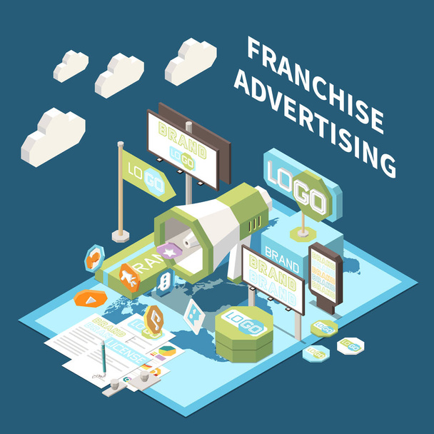 Franchise advertising isometric composition with elements promoting successful brand vector illustration - Vector, afbeelding