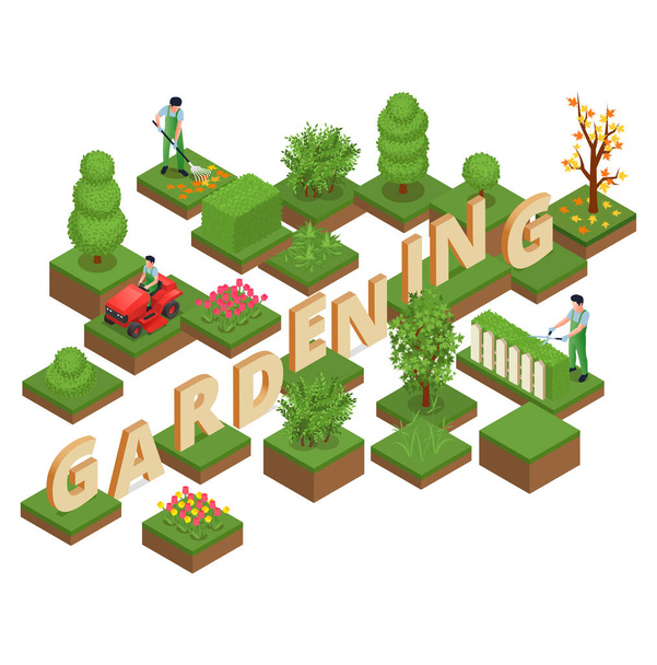 Gardening isometric design concept set of natural landscapes with decorative trees shrubs and green lawns vector illustration - Wektor, obraz