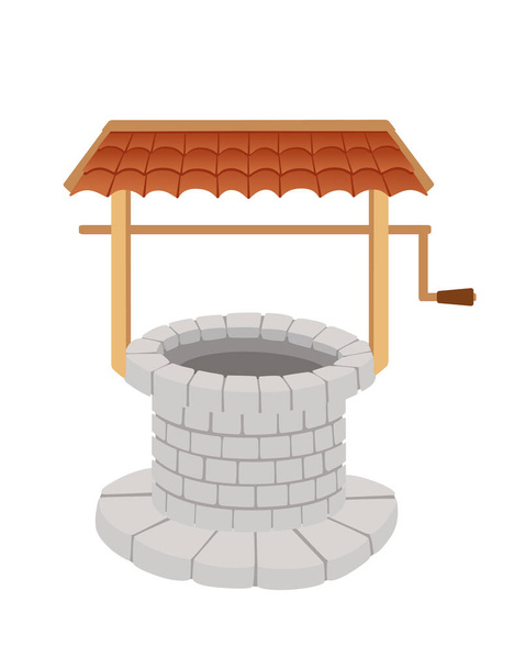 Stone well with rope and roof medieval design vector illustration isolated on white background. - Vecteur, image