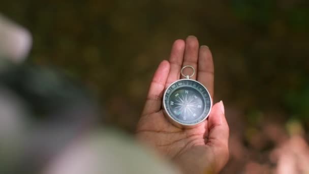 Navigation skills. Close up shot of unrecognizable woman tourist looking for north with compass in hand during hiking trip in woodland, top view, free space - Metraje, vídeo