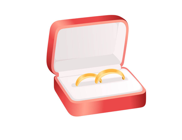 Red wedding square shape box with two golden ring vector illustration isolated on white background. - Vetor, Imagem