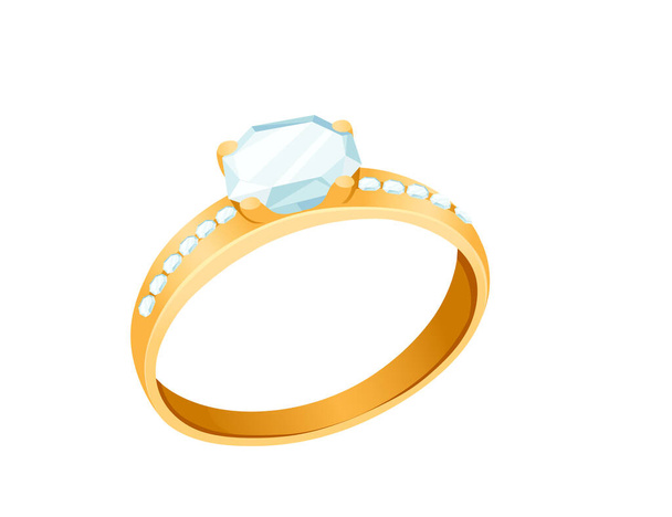 Golden wedding ring with big diamond and luxury gems vector illustration isolated on white background. - Vecteur, image
