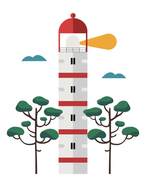 Lighthouse in flat style. Navigation beacon building in pine trees. Isolated on white vector illustration - Vektor, kép